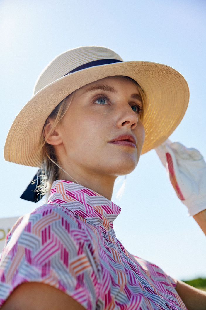 Daily Sports Digne Mesh Pink Geometric Cap Sleeve Polo