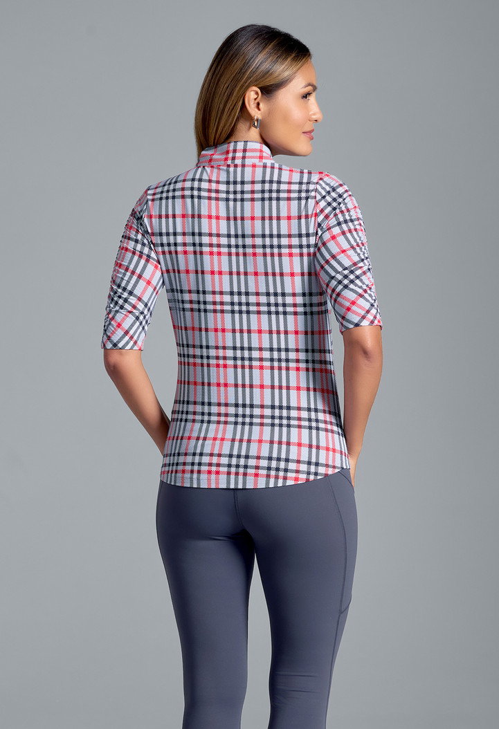 IBKUL Judith Plaid Ruched Elbow Sleeve Zip Mock