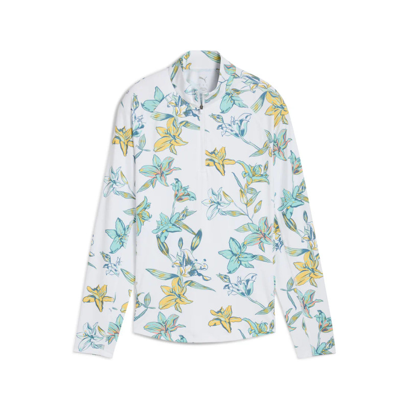 PUMA Lily Floral White Glow YouV Brrr 1/4 Zip Long Sleeve Cooling Mock
