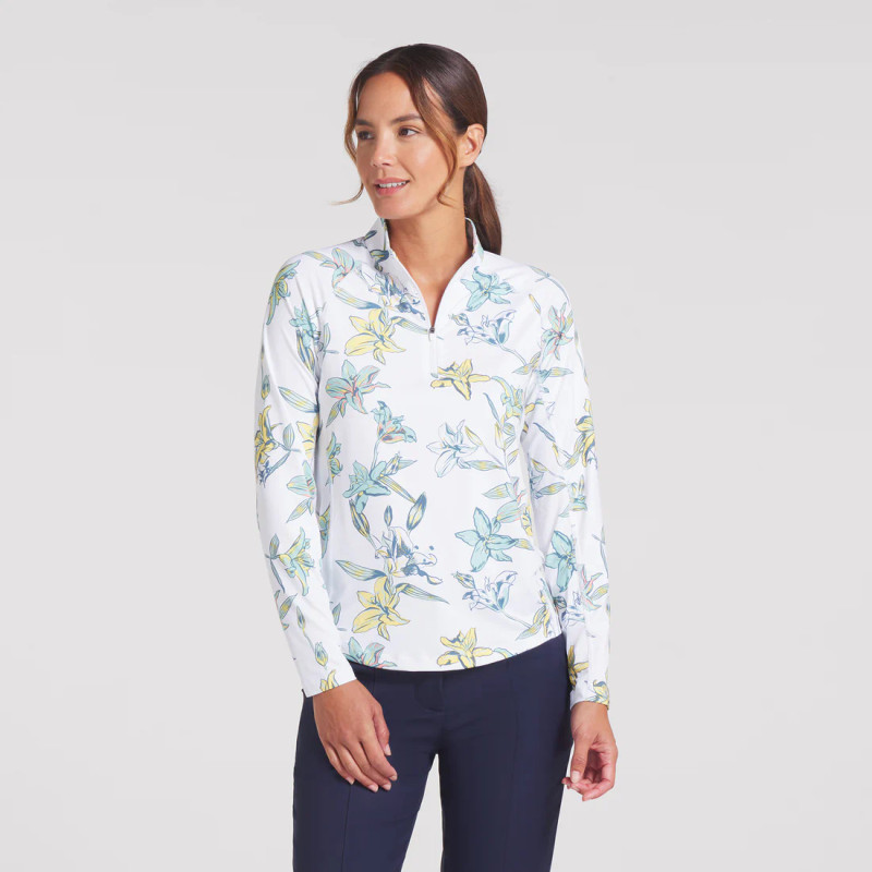 PUMA Lily Floral White Glow YouV Brrr 1/4 Zip Long Sleeve Cooling Mock